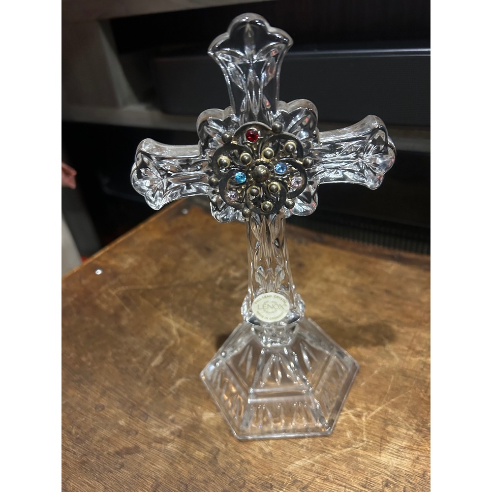 Lenox Crystal Cross Figurine Jeweled Medallion Made in Germany 8 Inch Standing